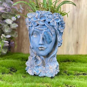 May include: A blue-gray face planter with a floral crown and a blue stone over one eye. The planter is filled with green plants and sits on a bed of green moss. The face has a serene expression and is detailed with gold accents.
