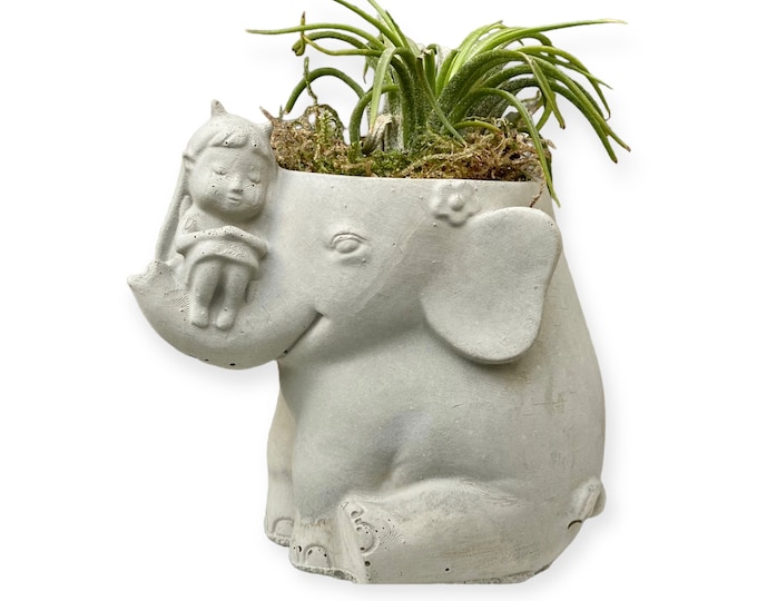Small Elephant and Girl Cement Planter - Cute and Unique Plant Pot - Free Shipping