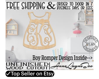 Girl Dress or Boy Romper 3 Letter Monogram Wood Cutout, Nursery Sign, Shower Sign, unfinished, wood cut out, laser cut -20016M3 or 10034M3