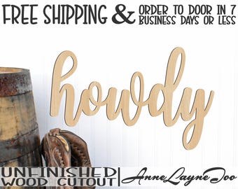 howdy Wood Cutout, Wooden Door Hanger, Wood word for wreath Cutout, unfinished, wood cut out, laser cut -320800JcoRI