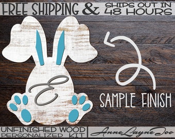 Monogrammed Bunny Egg Kit Sign Cutout, Easter Decor, Bunny Rabbit Front Door Hanger, unfinished wood cutout, wooden, laser cut - 630001