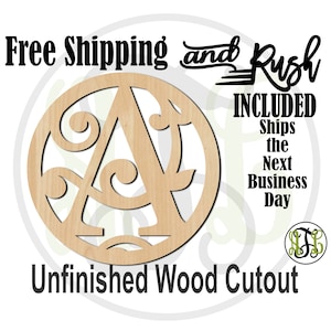 Scroll Vine Block Letters in Circle Frame Wood Cutout, Initial Sign, Door Hanger, unfinished, wooden, laser cut -205MCFSVBL- RUSH PRODUCTION
