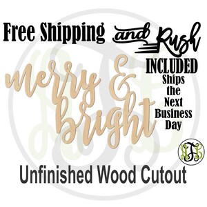 merry & bright- 325095- Christmas Cutout, unfinished, wood cutout,  laser cut wood,  sign, Door Hanger - RUSH PRODUCTION