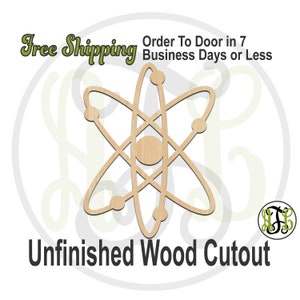 May include: Unfinished wooden cutout of an atom with a circular nucleus and orbiting electrons. The cutout is made of natural wood and is ready to be painted or stained.