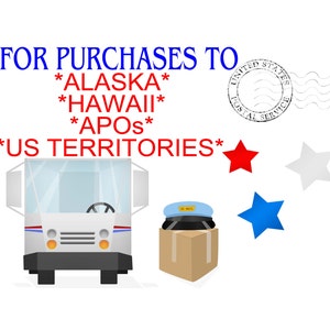 May include: A white mail truck with a blue and red star, a blue mailman's hat, and a brown box. The text "FOR PURCHASES TO *ALASKA* *HAWAII* *APOS* *US TERRITORIES*" is written in red and blue. A blue and white stamp with the text "UNITED STATES POSTAL SERVICE" is in the upper right corner.