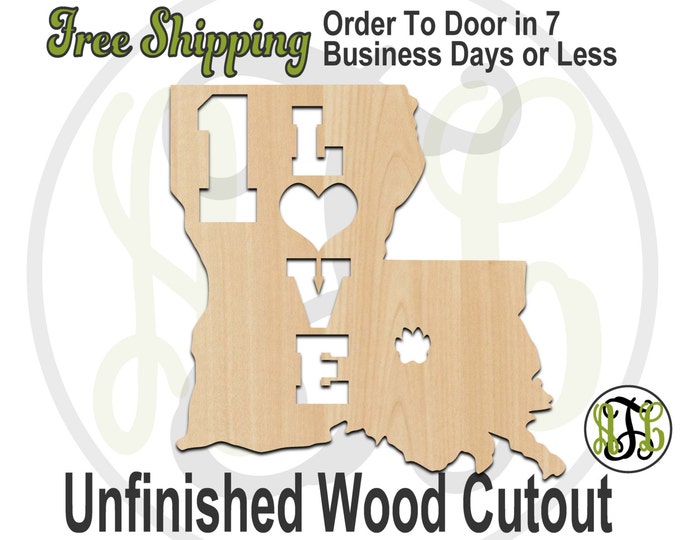 Louisiana 1 Love- 60128- Cutout, unfinished, wood cutout, wood craft, laser cut shape, wood cut out, Door Hanger, wooden, wall art