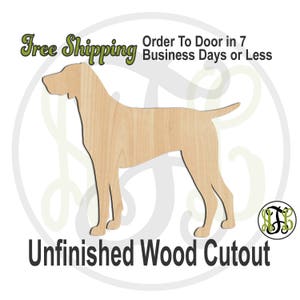 May include: Unfinished wood cutout of a dog, standing in profile. The dog is light brown and has a long snout. The cutout is ready to be painted or stained. "Free Shipping" and "Order To Door in 7 Business Days or Less" are written in green text at the top of the image.