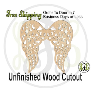 May include: Unfinished wood cutout of a pair of angel wings with intricate details. Free shipping is offered.