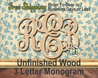 Unfinished Wood 3 Letter Monogram, Connected, Fancy, Craft, laser cut wood, wood cut out, Custom, Personalized, wooden sign, Door Hanger