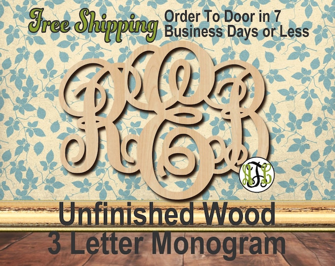 Unfinished Wood 3 Letter Monogram, Connected, Fancy, Craft, laser cut wood, wood cut out, Custom, Personalized, wooden sign, Door Hanger