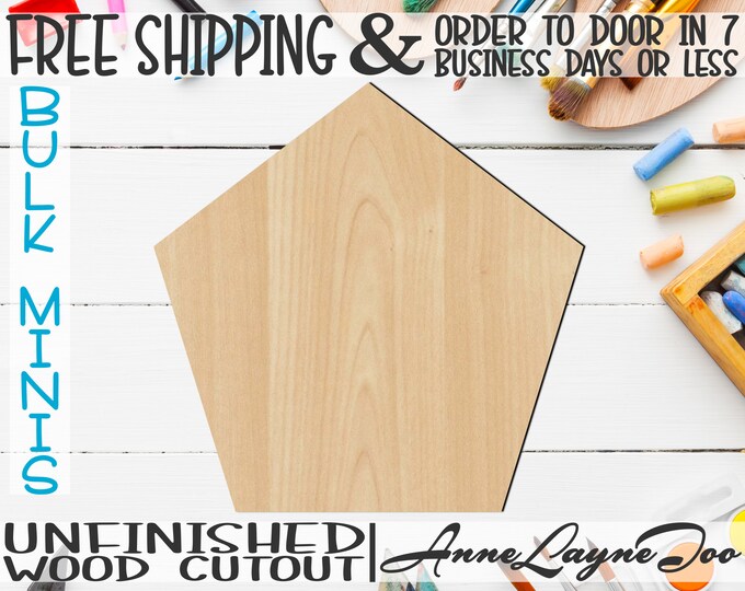 Pentagon- 1" to 6" Minis, Small Wood Cutout, unfinished, wood cutout, wood craft, laser cut shape, wood cut out, ornament -40043