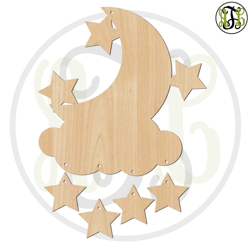 Moon W/ Stars on Cloud &amp; Extra Stars to Hang Wood Cutouts - Etsy