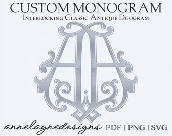 Custom Interlocking Classic Antique Duogram- Digital File Hand Designed to order- Wedding Duogram- Files Emailed upon Completion & Approval