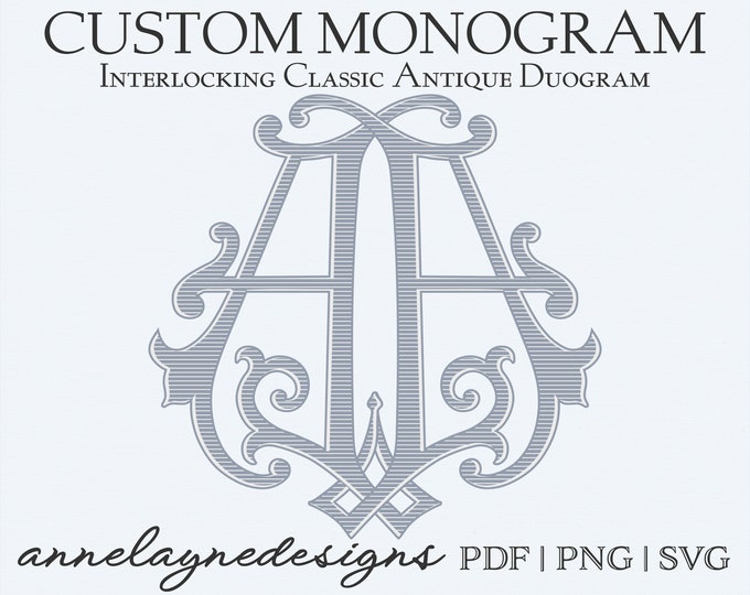 Custom Interlocking Classic Antique Duogram- Digital File Hand Designed to order- Wedding Duogram- Files Emailed upon Completion & Approval