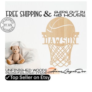 Basketball and Net Name Plate Wood Cutout, Basketball Wall Art, Sport Sign, unfinished, wood cut out, laser cut, Ships in 48 HOURS -990078
