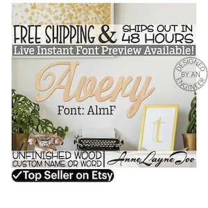 Wooden Name Sign, AlmF Font,  unfinished wood cutout, Custom Wood Name Sign, Nursery Sign, Wedding, Birthday Sign, Name in Wood- 48 HOURS