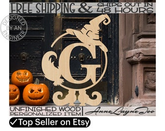 Witch Frame Initial Wood Sign, Witch Door Hanger, Halloween Wood Sign, unfinished, wood cut out, laser cut, Ships in 48 HOURS -990082M1