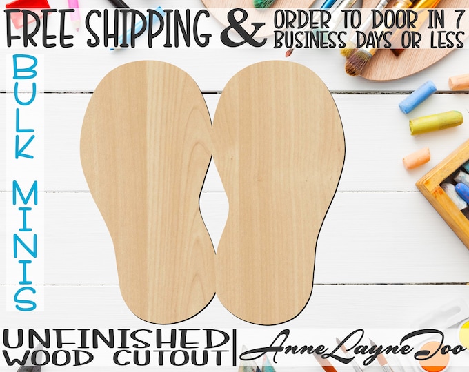 2 Flip Flops, 2" to 6" Minis, Small Wood Cutout, unfinished, wood cutout, wood craft, laser cut, wood cut out, ornament -300134