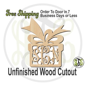 Gift Box & Bow - 180008M3- Christmas Personalized Cutout, 3-Letter Monogram , unfinished, wood cutout, wood craft, laser cut, wood cut out