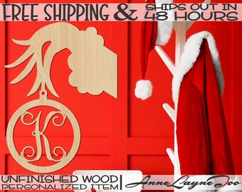 Hand Holding Ornament Monogram Wood Cutout, Christmas, Door Hanger, unfinished, wood cut out, laser cut, Ships in 48 HOURS -189003M1 A-Z