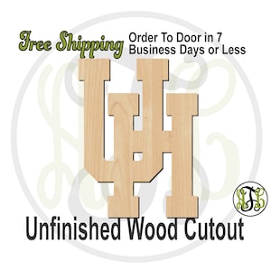 May include: Unfinished wood cutout of the letters "UH" in a collegiate style font. The letters are in a light brown color and have a wood grain texture.