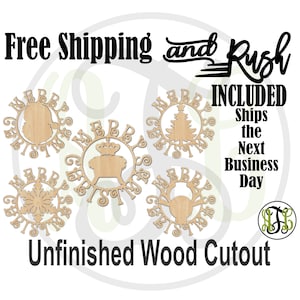 5 Merry Christmas Circle Designs - 180214-19 - Christmas Cutout, unfinished, wood cutout,  laser cut - RUSH PRODUCTION
