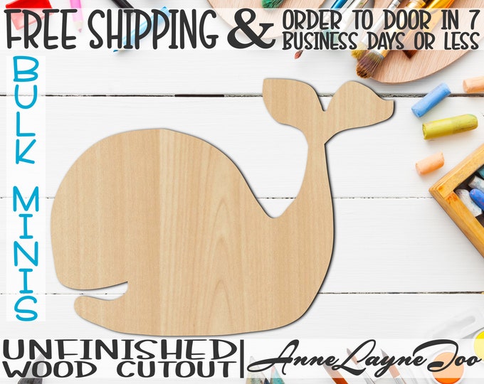 Whale 2- 2" to 6" Minis, Small Wood Cutout, unfinished, wood cutout, wood craft, laser cut shape, wood cut out, ornament -230012