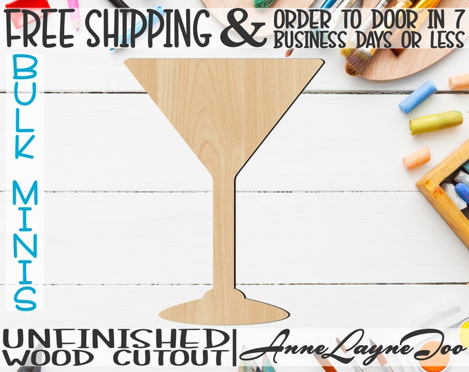 Martini Glass- 4" to 6" Minis, Small Wood Cutout, unfinished, wood cutout, wood craft, laser cut, wood cut out, ornament -300136