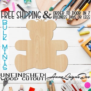 Teddy Bear - 2" to 6" Minis, Small Wood Cutout, unfinished, wood cutout, wood craft, laser cut shape, wood cut out, ornament -30001