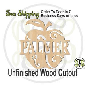 May include: Unfinished wooden cutout of an apple with the word "PALMER" in the center. The apple has a leafy stem and decorative swirls.