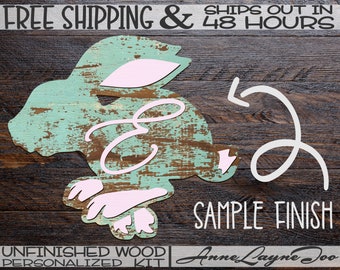 Initial Hopping Bunny Kit Sign Cutout, Easter Decor, Bunny Rabbit Front Door Hanger, unfinished wood cutout, wooden, laser cut - 630001