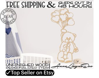 Custom Bear Balloon Sign Cutout, Bear Initial Wall Art, Wooden Party Decor, unfinished, wood cut out, laser cut, Ships in 48 HOURS -80018