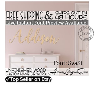 Wooden Name Sign, SvaSt Font,  unfinished wood cutout, Custom Wood Name Sign, Nursery Sign, Wedding, Birthday Sign, Name in Wood- 48 HOURS