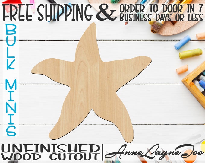 Starfish- 2" to 6" Minis, Small Wood Cutout, unfinished, wood cutout, wood craft, laser cut shape, wood cut out, ornament -50003