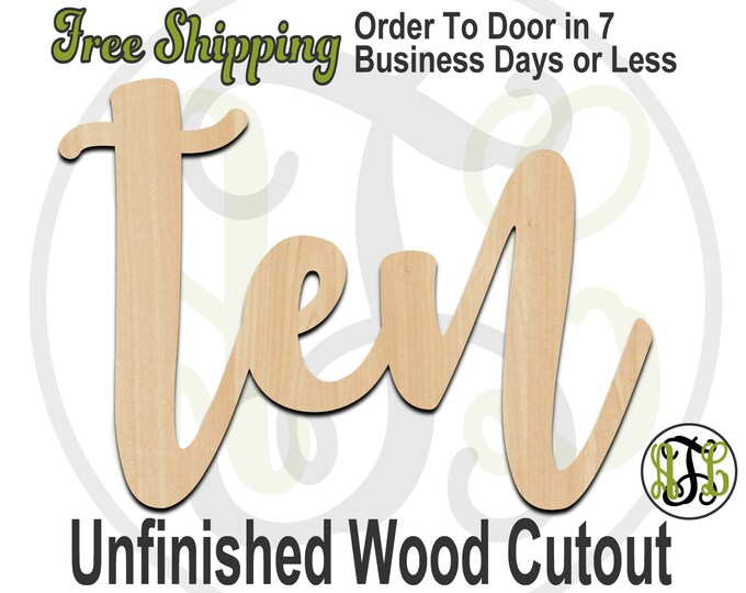 ten - 320237FrFt- Word Cutout, unfinished, wood cutout, birthday, number, laser cut wood, wood cut out, Door Hanger, wooden sign, age