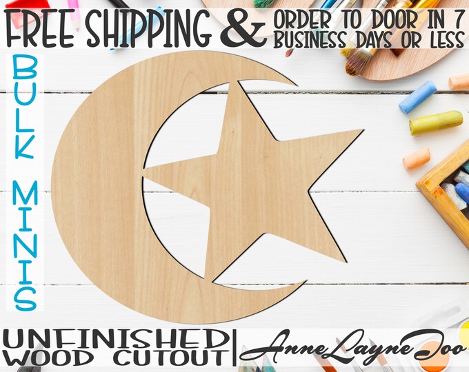 Crescent Moon and Star- 2" to 6" Minis, Small Wood Cutout, unfinished, wood cutout, wood craft, laser cut, wood cut out, ornament -290017