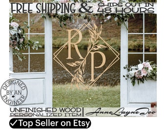 Wild Leaf Branch 2 Letter Monogram Wood Sign, Event Cutout, Wedding Sign, unfinished, wood cut out, laser cut, Ships in 48 HOURS -990084