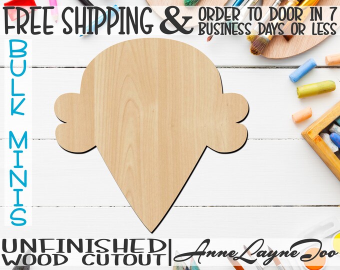 Ice Cream Cone- 1" to 6" Minis, Small Wood Cutout, unfinished, wood cutout, wood craft, laser cut, wood cut out, ornament -80005