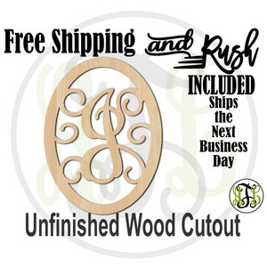 Thick Oval with Scrolls Monogram Wood Cutout, Initial Sign, Door Hanger, unfinished, wood cut out, laser cut -601TOS A-Z- RUSH PRODUCTION
