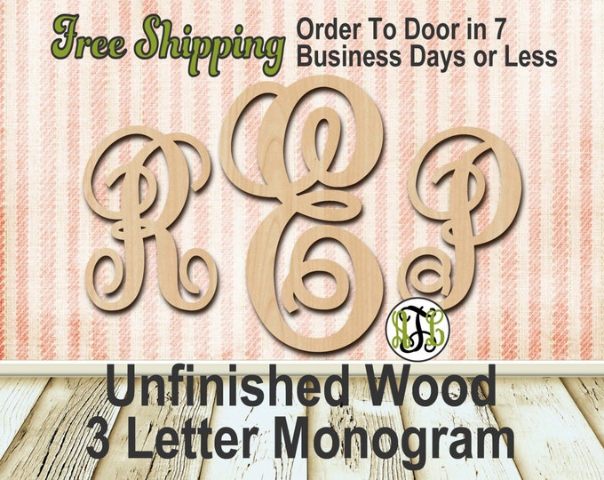 Unfinished Wood 3 Letter Monogram, Fancy, Detached, Craft, laser cut wood, wood cut out, Custom, Personalized, Nursery, wooden, Door Hanger