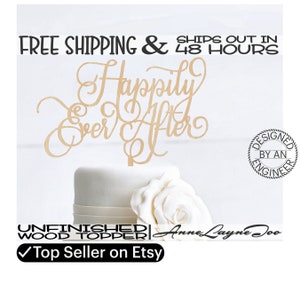 Happily Ever After Flower or Cake Topper, Wedding Cake Topper, 1/8&quot; Baltic Birch Plywood, unfinished, laser cut, Ships in 48 HOURS -325205