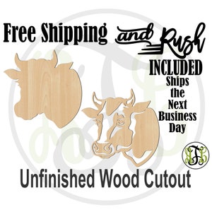 Cow Head Solid or Outline- 230116-117- Farm Animal Head Cutout, unfinished, wood cutout,  laser wood cutout - RUSH PRODUCTION