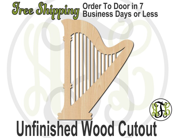 Harp - 60025- Instrument Cutout, unfinished, wood cutout, wood craft, laser cut shape, wood cut out, Door Hanger, Music, wooden, wall art