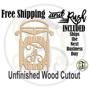 May include: Unfinished wooden cutout of a sleigh with a monogrammed initial "F" in the center. The text "Free Shipping and Rush Included Ships the Next Business Day" is displayed in black text.