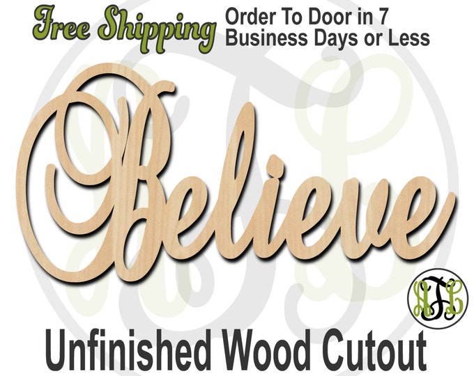 Believe - 180100- Christmas Cutout, unfinished, wood cutout, wood craft, laser cut wood, wood cut out, Door Hanger, wooden sign, wall art