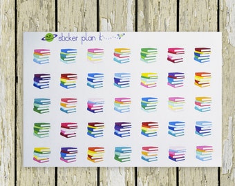 May include: A sheet of colorful sticker paper with the text "sticker plan it" at the top. The sheet is filled with stacks of colorful books, each stack is a different color.