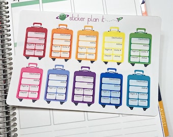 May include: A set of ten colourful luggage stickers with spaces to write in the destination, airline, flight number, gate number, departure time, and arrival time. The stickers are designed to look like miniature suitcases with wheels.