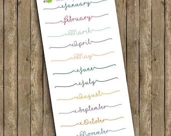 Months of the Year Script Planner Stickers: Sheet of 12
