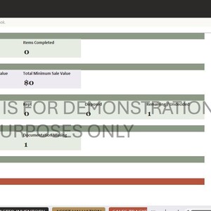 Peut inclure: Une interface de tableau de bord numérique intitulée ELARIOS DASHBOARD présentant le suivi des stocks, des mesures de valeur estimée et des catégories d'actifs. L'écran affiche des champs de données pour les articles, les valeurs d'expertise et le statut de la documentation avec un filigrane indiquant THIS DATA IS FOR DEMONSTRATION PURPOSES ONLY.