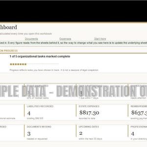 Peut inclure: Une interface de feuille de calcul numérique Executor Dashboard avec le logo Elarios, une progression de l'administration successorale à 20 pour cent, et divers champs de données incluant actifs, passifs, dépenses et remboursements.